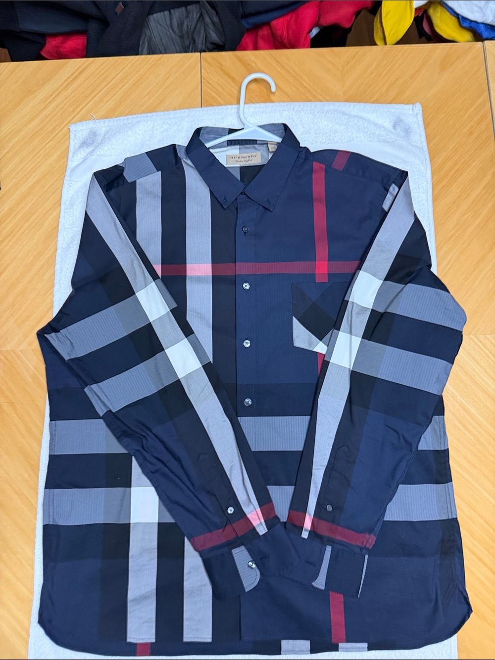 Men's Burberry Navy  Plaid Button-Up Shirt with Red Accent. Fits like a US 2XL